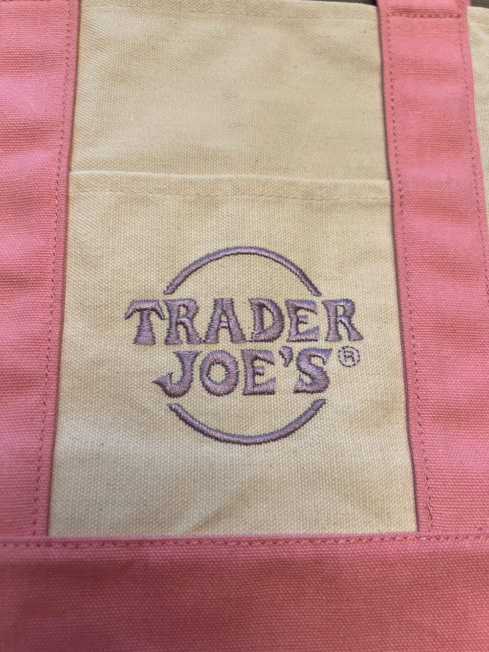 Trader Joe's Mini Pastel Pink & Cream Canvas Tote Bag With Purple Logo - Picture 3 of 7